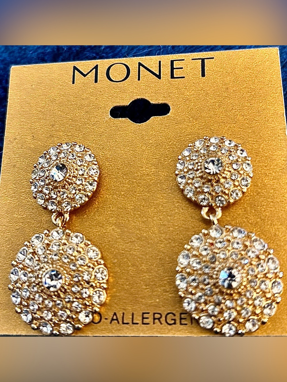 Monet Gold-Tone Double Disc Pierced Earrings with Clear Crystals-NWT